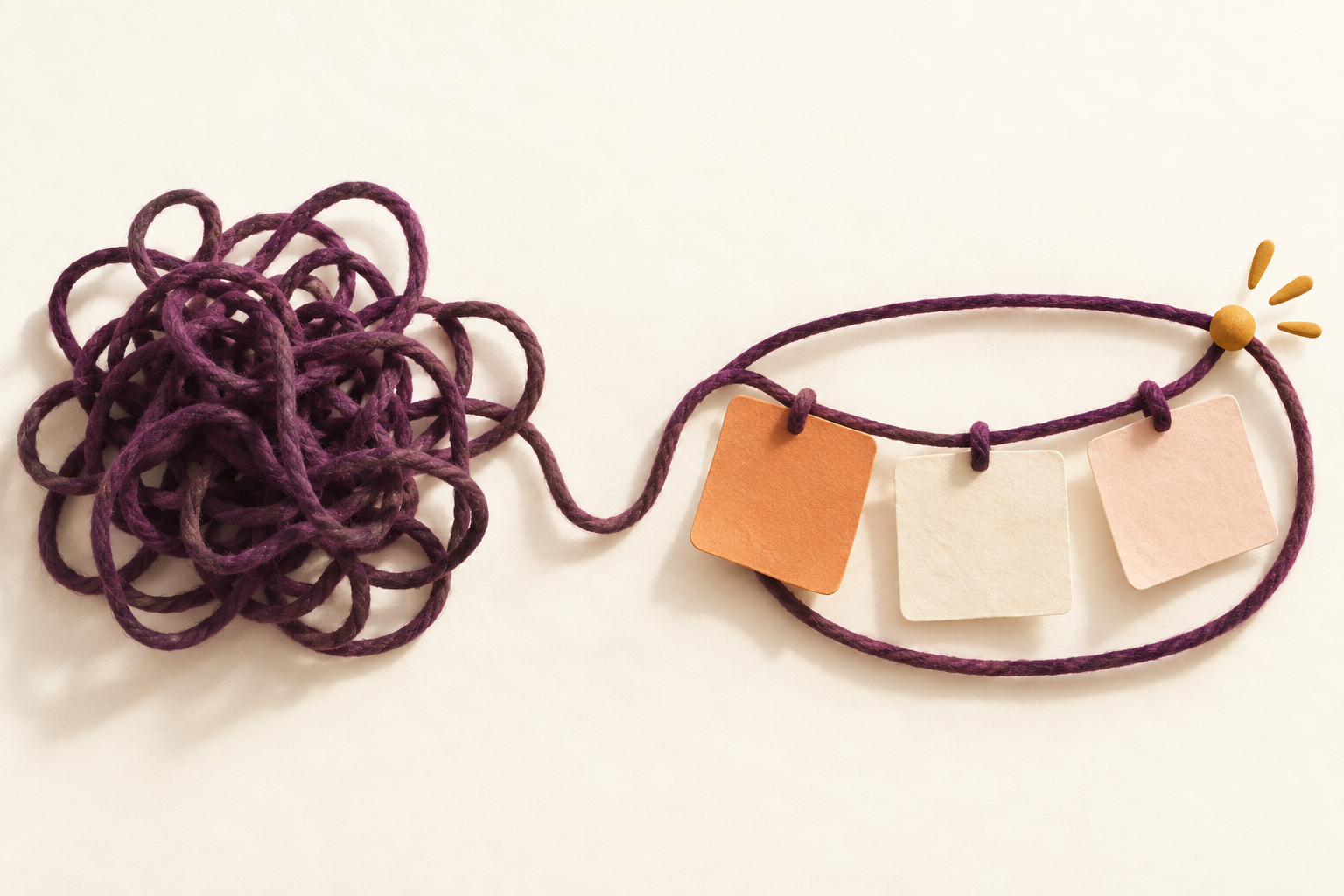 A tangled plum thread becomes a calm loop holding three paper notes.